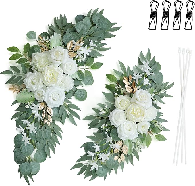 Artificial Flowers Swags Set of 2 in White and Gold Silk for Arches