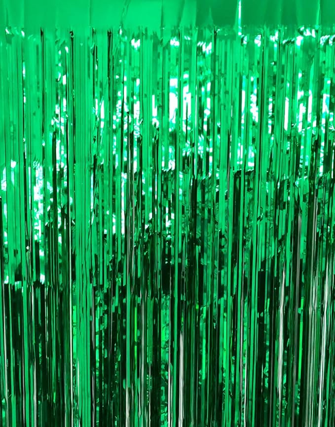 GOER 6.4 ft x 9.8 ft Metallic Tinsel Foil Fringe Curtains,Pack of 2 Party Streamer Backdrop for St. Patrick's Day,Birthday,Graduation,New Year Eve Decorations Christmas Wedding Decor (Green)