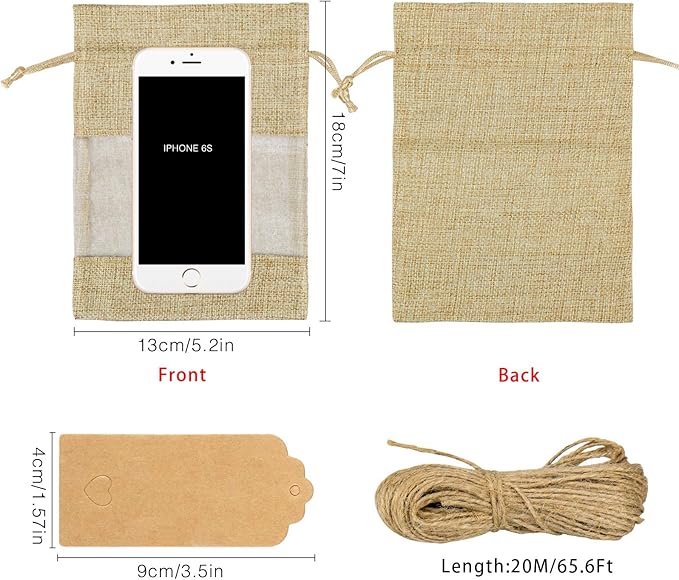 Gift Bags, 50 Pack Burlap Drawstring Bags 5x7 Inch in Flaxen