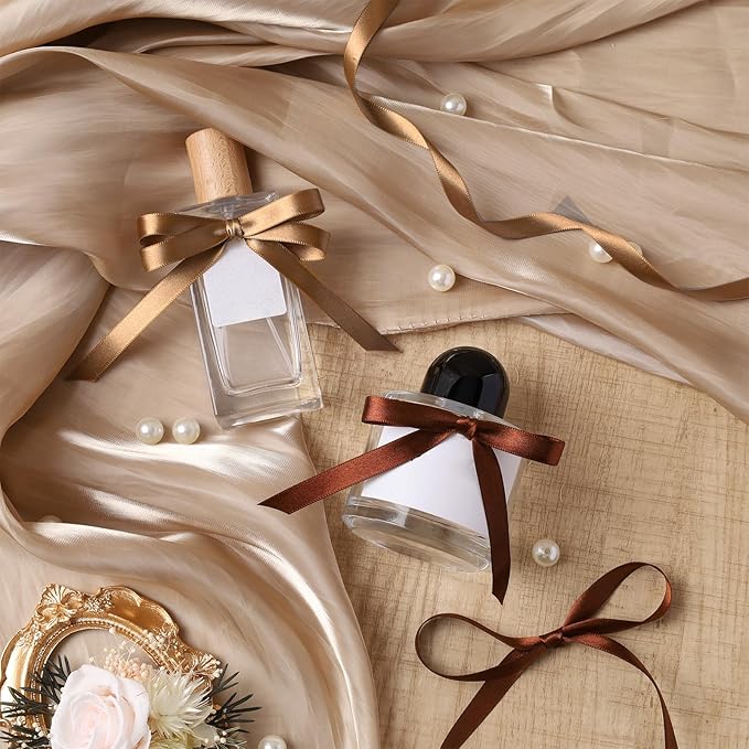 LaRibbons Brown Ribbon 3/8 Inch 25 Yards Luxury Double Faced Mocha Mousse Silk Ribbon for Flower Bouquet Crafts Gift Wrapping Wedding Party Decoration