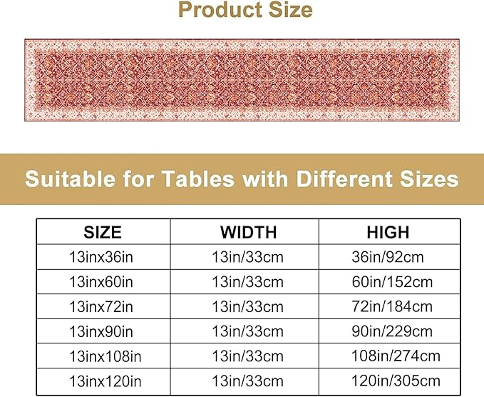 Boho Floral Vintage Table Runner, Retro Red Flower Rustic Country Farmhouse Abstract Pattern for Home Kitchen Table Decor Dining Coffee Room Party Decor 13x60in