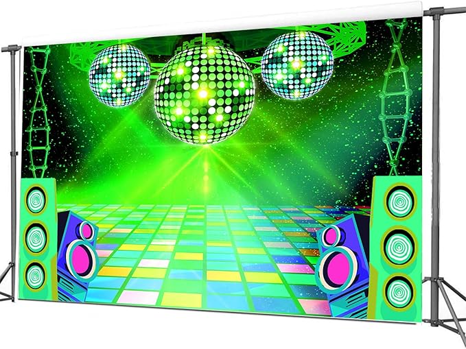 Dance Party Backdrop Retro 80s 90s Theme Stage Dance Ball Music Birthday Party Decoration DJ Photography Background 12 x 10 ft for Baby Shower Picture Photo Shoot Polyester Fabric, Green