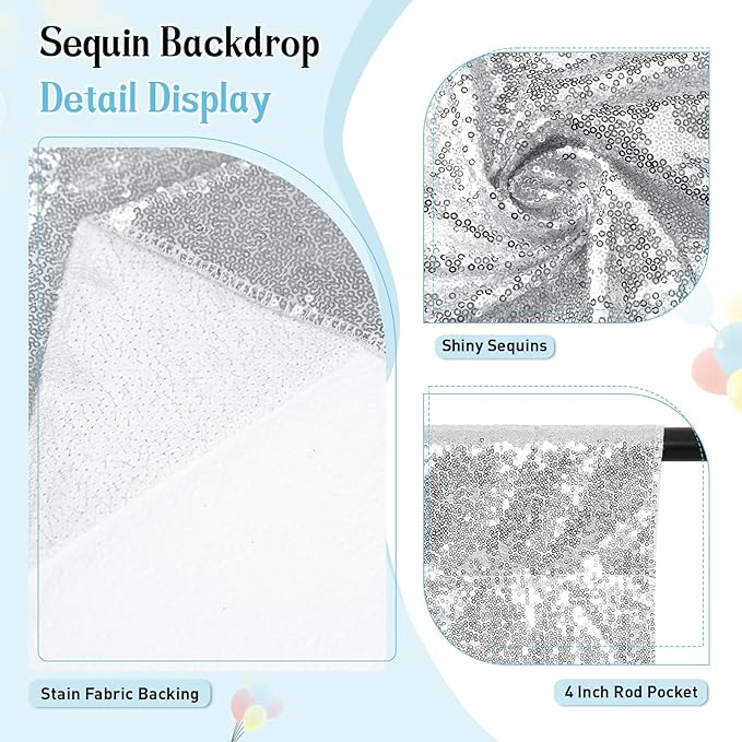 SquarePie Sequin Backdrop Not See Through Thick Background Glitter Curtain Party 6FT x 6FT Silver