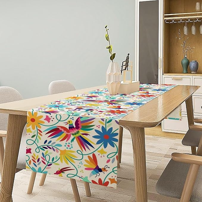 Mexican Table Runner,Boho Colorful Nature Inspired Flowers and Birds Table Cloth Kitchen Dining Table Home Party Decoration 13x72 Inch