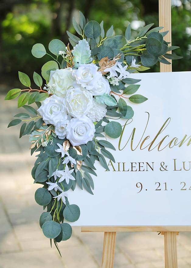 Artificial Flowers Swags Set of 2 in White and Gold Silk for Arches