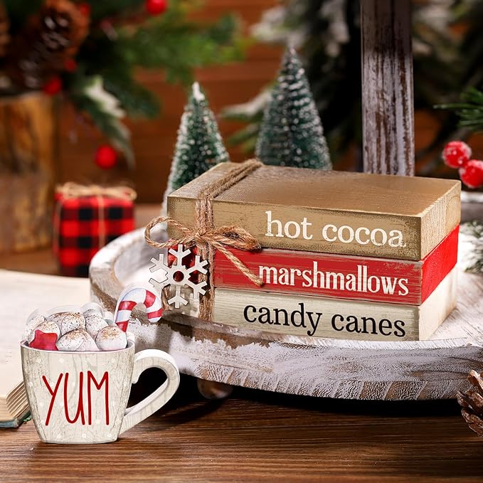 4 Pcs Christmas Table Decorations Winter Snowflake Tiered Tray Decorations Decorative Mini Wooden Books Subject Signs Block Centerpiece for Office Tabletop Shelf Housewarming Gifts