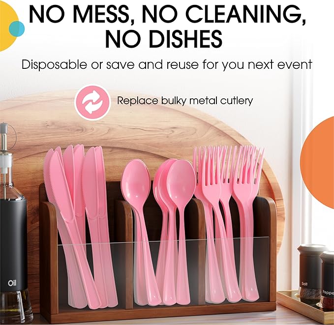 Pink Plastic Cutlery Set, 300 Pieces with Forks, Spoons and Knives