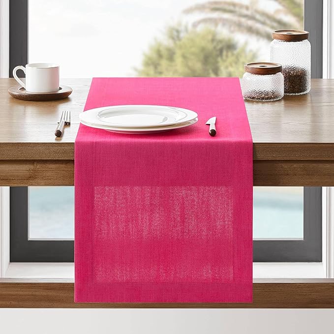 ZeeMart Linen Textured Border Table Runner, 14 x 72 Inch Hot Pink, Farmhouse Style Pink Table Runners 72 Inches Long, Easy Care Everyday Polyester Table Runner