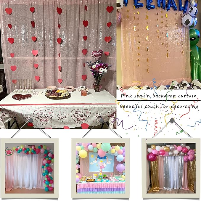 Sequin Backdrop Curtain 10 ft x 10 ft Pink, 3mm Glitter Sequins