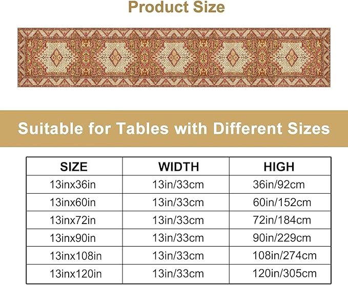 Boho Bohemia Style Orange Table Runner, Country Rustic Farmhouse Magical Abstract Print Pattern for Home Kitchen Table Decor Dining Coffee Room Garden Party Decor 13x36in