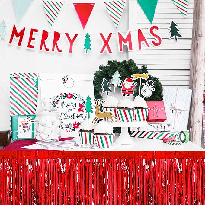 3 Pack 29 x108 Inch Red Foil Fringe Table Skirts Metallic Banner for Tinsel Streamer Garland Backdrop for Parade Floats Mother's Day, Graduate, Birthday, Wedding Party Decoration