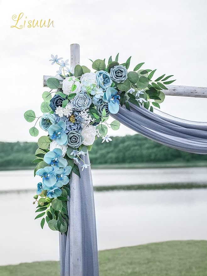 Artificial Flowers Arch Swag Set, Grey Blue Silk Roses and Orchids