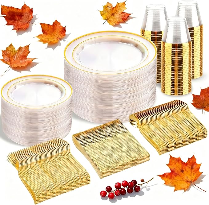 Plastic Plates Set, Clear Gold with Gold Trim, 300 Pieces
