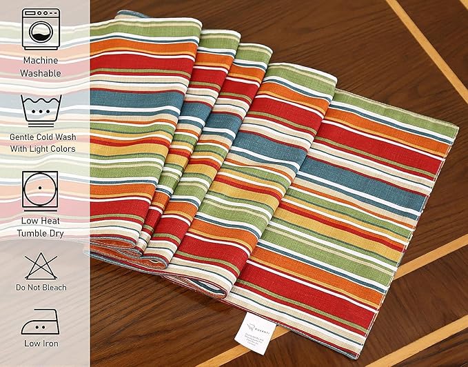 Ruvanti 100% Cotton Table Runner 60 Inches Long, Non-Slip, Stain Resistant, Washable & Reusable Table Runners Perfect for Wedding, Parties, Christmas, Holiday, in-Door use - Multi Stripe