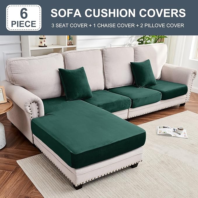 Sofa Slipcovers 4-Piece Stretch Velvet Set, 3-Seater + Chaise Green