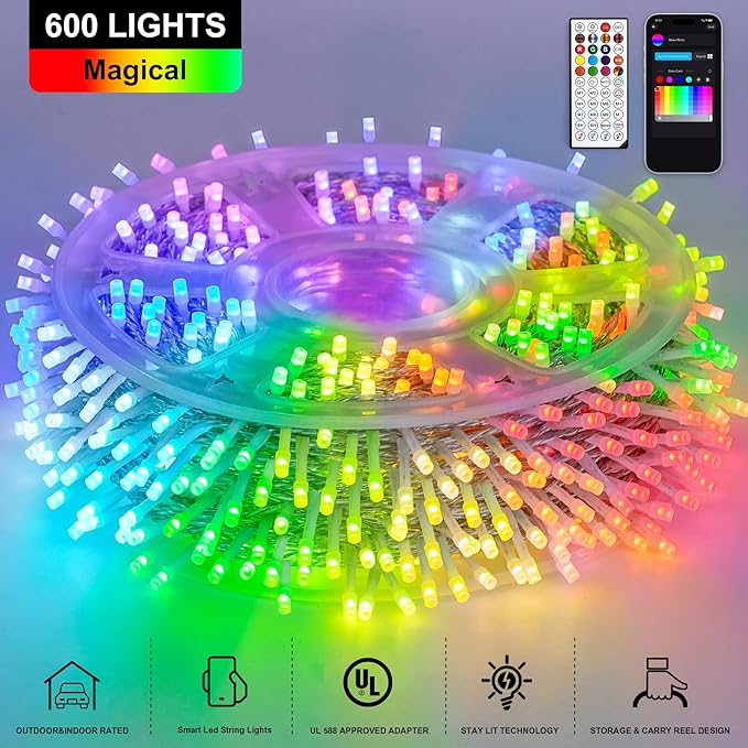 String Lights, 600 LED RGB Color Changing, 198 Ft Indoor Outdoor