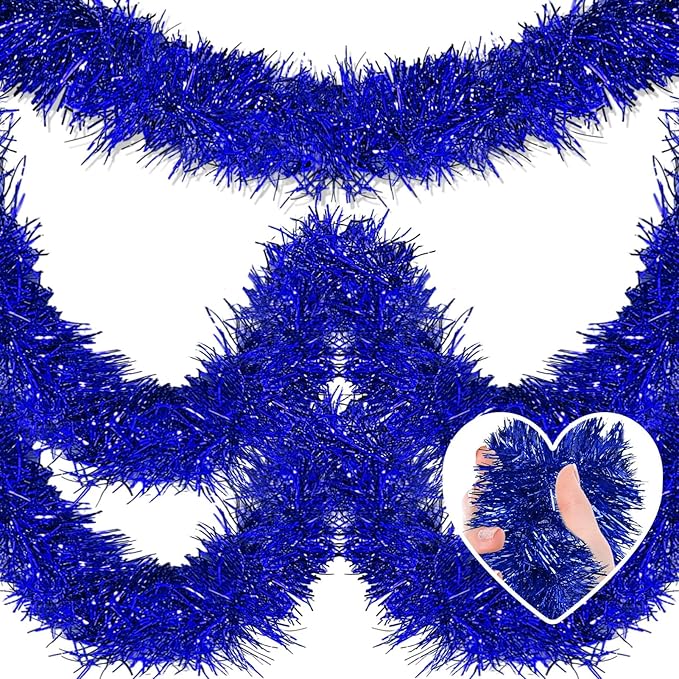 25 Feet Metallic Twist Tinsel Garland Backdrop for Parade Floats, Christmas Eve, New Year, Valentine's Day Party Decorations (Blue, 4in x 25ft)