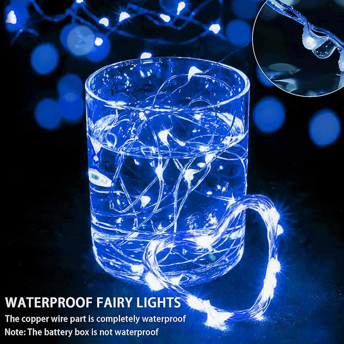 100 Pack Blue Fairy Lights 7Ft 20 LED Twinkle String Lights 3 Modes Battery Operated Waterproof Firefly Starry for Mason Jar Party Wedding Christmas Valentines Day Table Centerpieces
