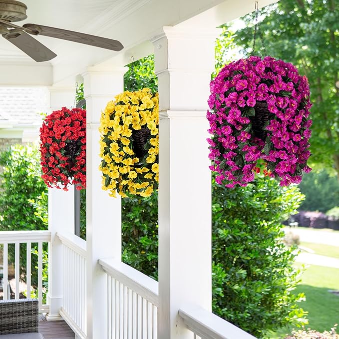 Artificial Fake Red Hanging Flowers Plants Baskets for Outdoor Winter Christmas, Faux Silk UV Resistant Look Real Morning Glory Vines for Outside Porch Patio Balcony Garden Yard Home Decor
