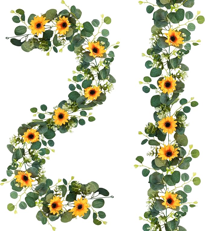 Uieke 2 Pack Artificial Sunflower Garland, 6ft/Strand Silk Sunflowers Hanging Vines Flowers Garland with Green Leaves for Room Kitchen Garden Birthday Wedding Baby Shower Party Table Decor