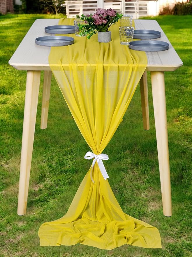 MDS 15 Pack 10ft Chiffon Table Runner 29 x 120 Inches Sheer Wedding Runner Romantic Rustic Table Runner for Wedding Decorations, Birthday Parties, Bridal Shower Party Arch Decor - Yellow