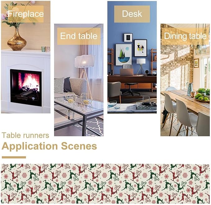 Christmas Table Runner,Christmas Plaid Deer Print Farmhouse Table Cloth Kitchen Dining Table Decoration for Home Party Decor 13x60 Inch