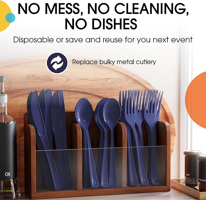 Spoons and Cutlery Set, Navy Plastic, 300 Count, Heavy Duty