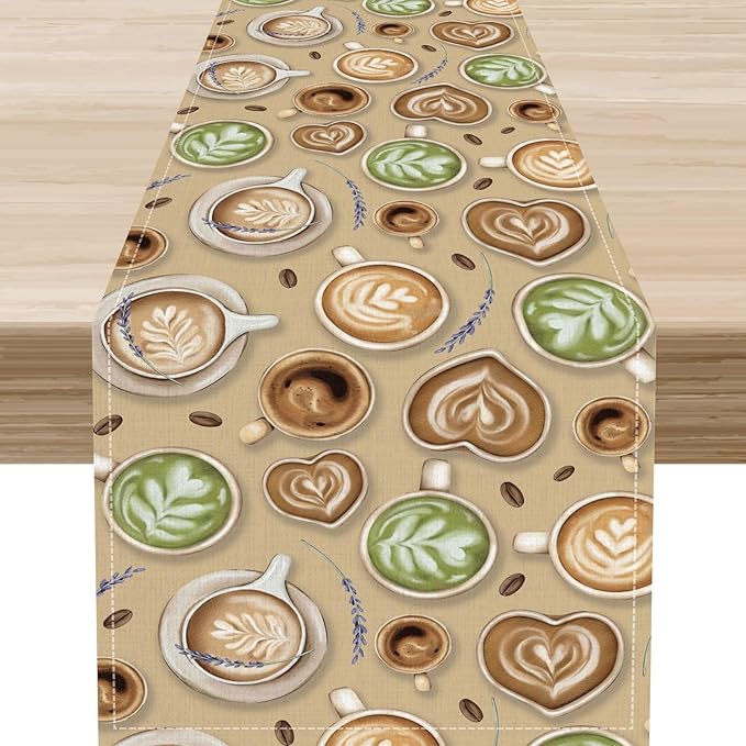 Coffee Theme Table Runner, Farmhouse Retro Brown Coffee Cup Tea Party Rustic Cafe Table Center Decor for Home Kitchen Dining Patio Holiday Party Indoor Outdoor Table Decorations,13"x108" Inch