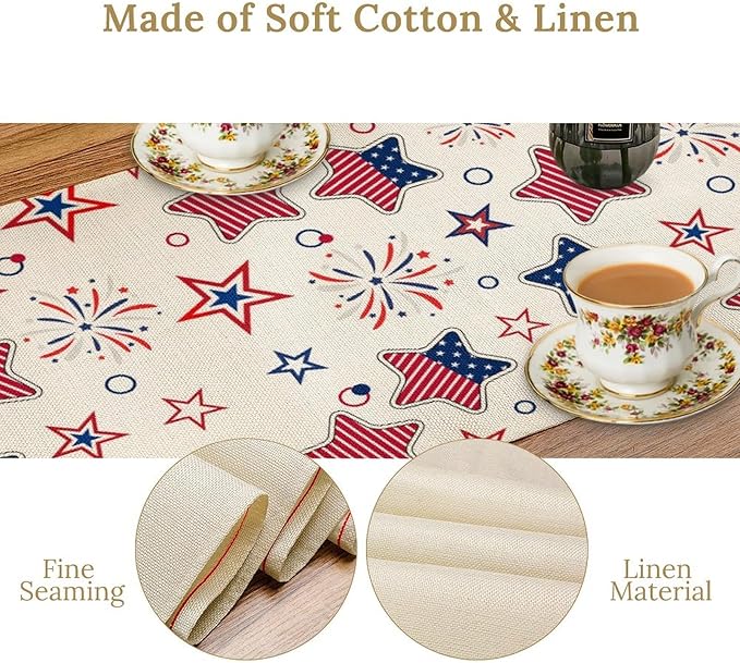 4th of July Table Runner, American Patriotic Independence Day Red Blue White Stars Stripes Fireworks Print Table Runner for Home Party Decor Kitchen Dining Table, 13x70inch