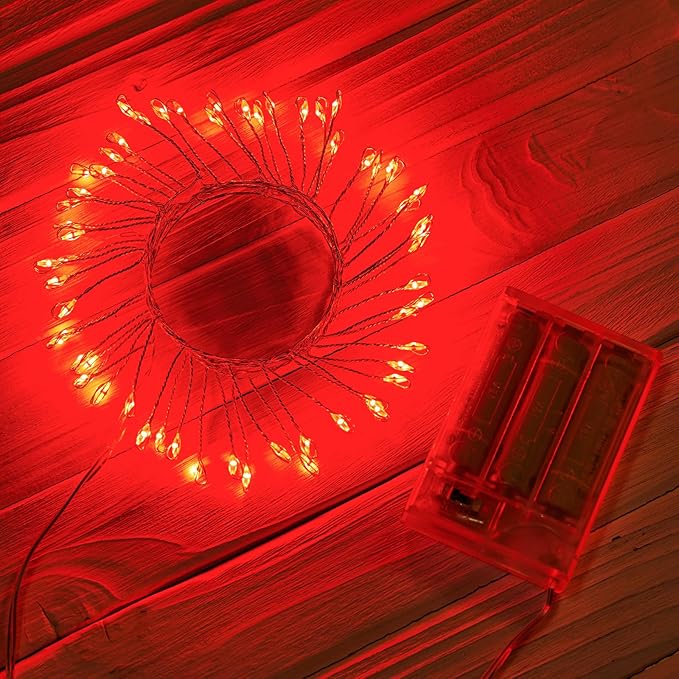 Red Fairy Lights Battery Operated, Valentine's Day Silver Wire 5 Feet 60 Led Firecracker String Lights for DIY Wreath Home Wedding Party Bedroom Mason Jar Holiday Christmas