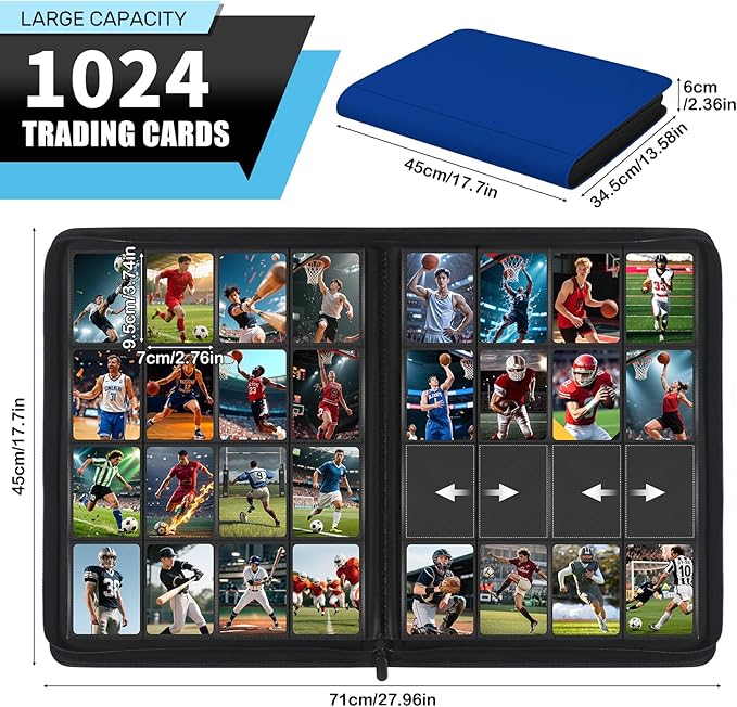 16 Pocket Card Binder, 1000+ Premium Zip Trading Card Binder, Double-sided Side Loading Card Collection Binder Album, Durable Leather Cover, Ringless Card Folder for Gifts, MTG, TCG, Sport Cards, Blue