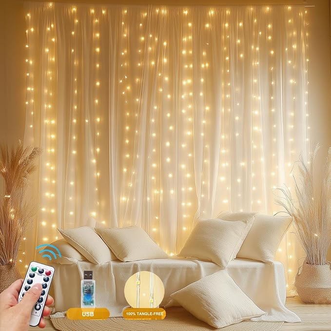 Fairy Curtain Lights Upgraded Tangle-Free Warm White USB Plug in 8 Modes String Hanging Lights with Remote for Christmas, Bedroom, Indoor, Outdoor, Weddings, Party (10FTx8.2FT)
