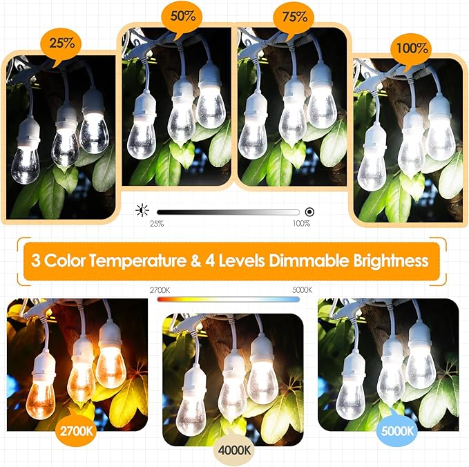 Outdoor String Lights 2-Pack 48 ft Dimmable LED with Remote, 3 Color Options
