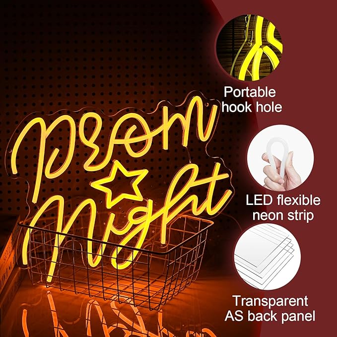 Prom Night Neon Sign for Wall Decor Yellow LED Words Neon Light by USB Powered Dimmable Prom Night Light Up Sign for Prom Birthday Wedding Christam Party Bar Decor(16.1 * 12.6In)
