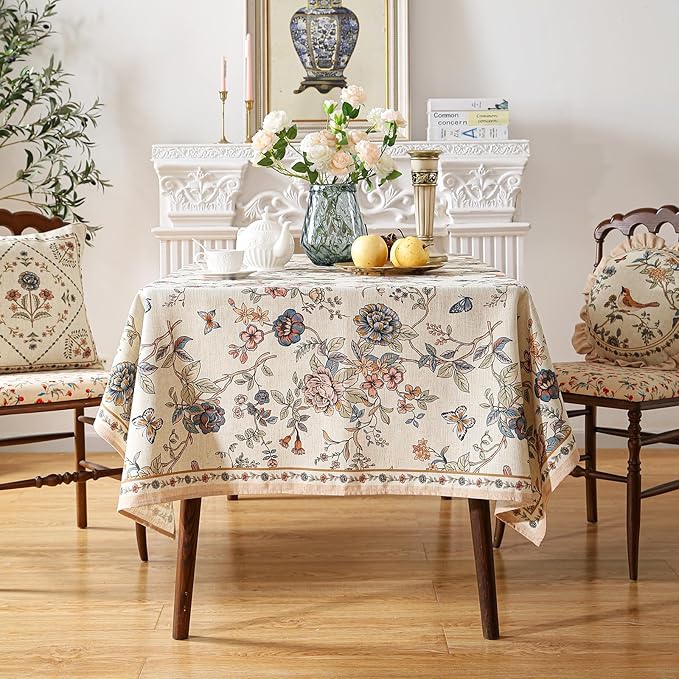 Rectangular Linen-Blend Tablecloth, 55 x 79 Inch with Floral Design