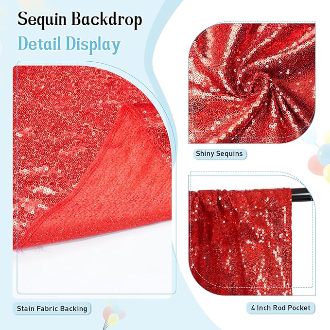 SquarePie Sequin Backdrop Curtain Not See Through Thick Glitter Background for Party 10FT x 10FT Red