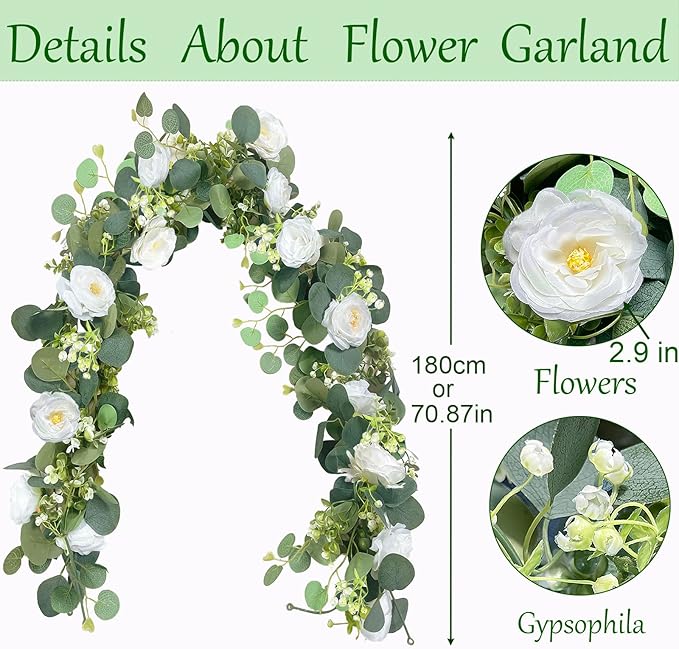 4 Pack Artificial Eucalyptus Flower Garland with White Roses, Fake Flowers Greenery Garland Flower Vines for Wedding Party Centerpiece Mantle Table Runner Spring Summer Home Decor (4PCS, White)