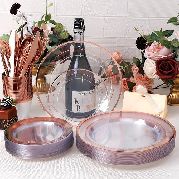 Plates Set, Clear Rose Gold Plastic, 600 Pieces for 100 Guests