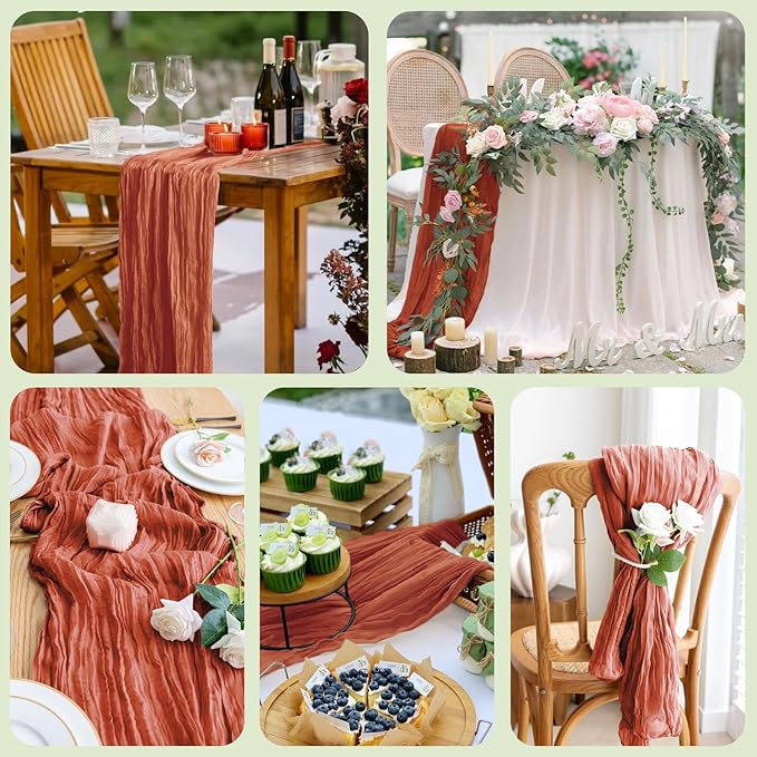 Asee'm 12pcs Cheesecloth Table Runner 120 Inches Long Terracotta Boho Gauze Cheese Cloth Runner 10FT Rustic Sheer Fall Table Runners for Thanksgiving Christmas Wedding Party Baby Shower Decoration