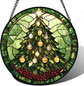 Stained Glass Window Hanging - Green Christmas Tree Golden Bells Suncatcher for Doors Home Christmas Decoration Sun Catcher Thanksgiving New Year Birthday Gift for Women Men Mom Nana 6.3 in