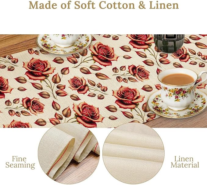 Retro Rose Table Runner, Romantic Love Elegant Plant Red Golden Flower Print Table Runner for Kitchen Dinning Table Runner Decor Home Wedding Party Holiday, 13x120 Inch