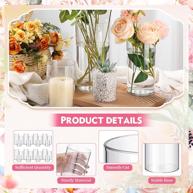 Cylinder Vases, 48 Pack Clear Plastic in 3 Sizes for Floral Centerpieces