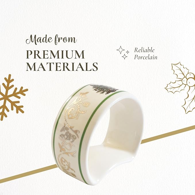 Napkin Rings, Set of 4 Porcelain Christmas Tree Design with Gold Accents