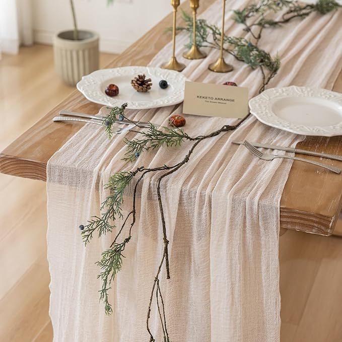 6Pcs Beige Gauze Rustic Cheesecloth Table Runner 120 Inch 10 FT for Wedding Baby Shower Bridal Shower Birthday Engagement Garden Outdoor Party Long Sheer Boho Decorations