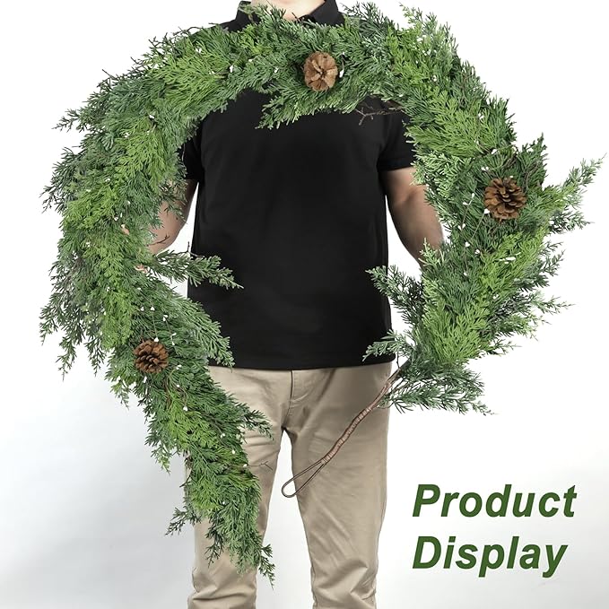 Christmas Garland, 6 Ft Dark Green with Pinecones and White Beads