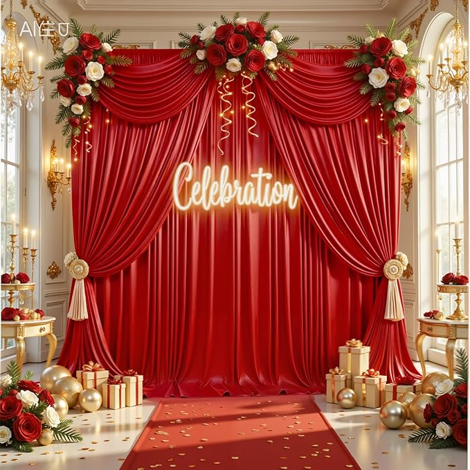 Red Sequin Backdrop Drape, Liquid Metal Sheen, 4 Panels 5x10 FT