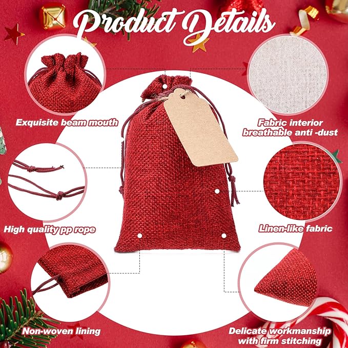 Gift Bags: 100 Red Burlap Drawstring Bags with Kraft Tags and Hemp Rope