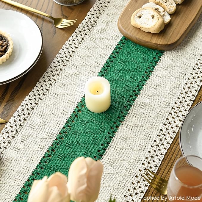 Artoid Mode Dark Green Farmhouse Rustic Table Runner, Seasonal Holiday Hollow Kitchen Dining Table Decoration for Home Party Decor 12x120 Inch