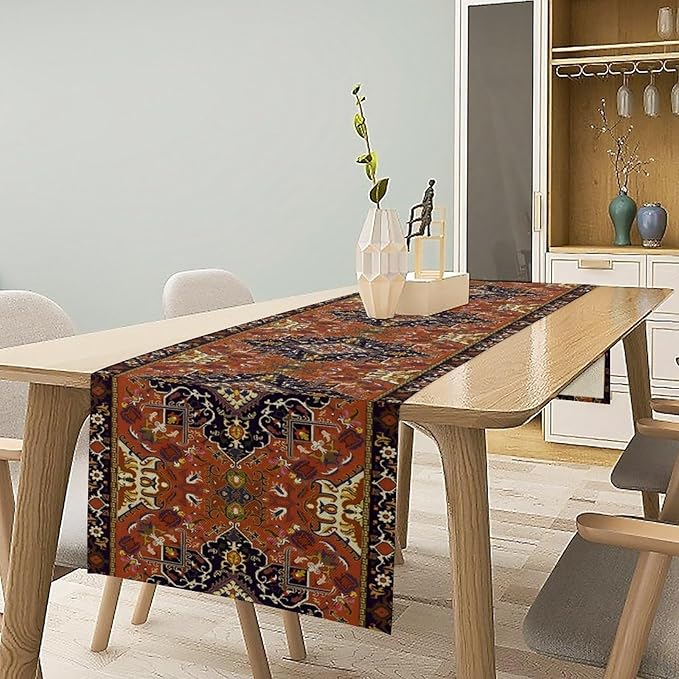 Vintage Boho Orange Table Runner, Country Rustic Farmhouse Magical Abstract Print Pattern for Home Kitchen Table Decor Dining Coffee Room Garden Party Decor 13x108in