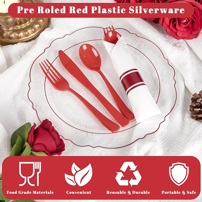 Red Plastic Disposable Spoon, Fork and Knife Set with Napkins, 400 Pieces